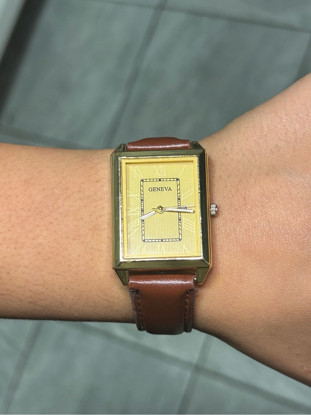 Geneva  37mm Gold Tone Tank Quartz Watch Brown Strap Read